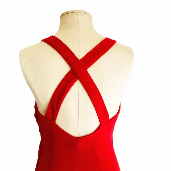 Vintage 80s Red Midi Dress Sweetheart Neckline Cross Back Retro Party Size Small - Picture 4 of 8
